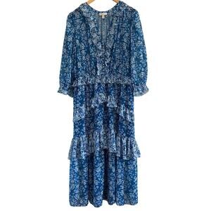 Monique Lhuillier Blue Floral Midi Dress Ruffled women’s Size 12 wedding